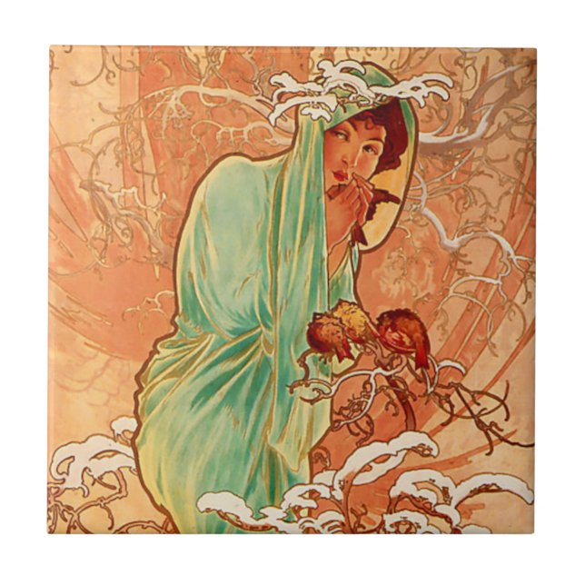 Alphonse Mucha Art Nouveau Winter Tile (Front)