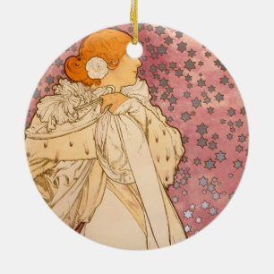 Alphonse Mucha Art Nouveau woman pink art print Ceramic Ornament