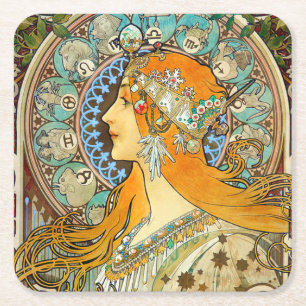 Alphonse Mucha Art Nouveau Zodiac Square Paper Coaster