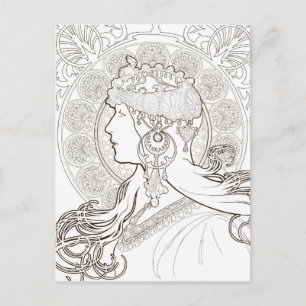 ALphonse Mucha Black and White lined drawing Postcard