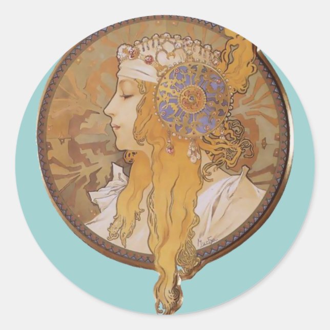 Alphonse Mucha ~ Byzantine Head: The Blonde Classic Round Sticker (Front)