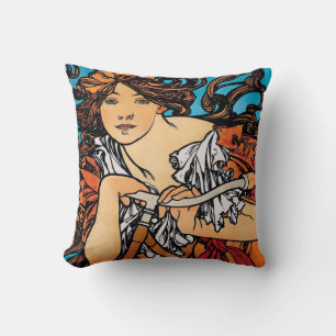 Alphonse Mucha - Cycles Perfecta Retro Art Nouveau Throw Pillow