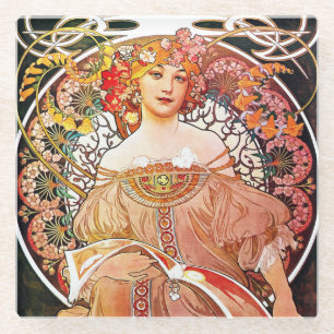 Alphonse Mucha Daydream Floral Vintage Art Nouveau Glass Coaster