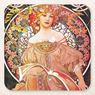 Alphonse Mucha Daydream Floral Vintage Art Nouveau Square Paper Coaster
