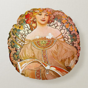 Alphonse Mucha Dreaming (Reverie) Round Pillow