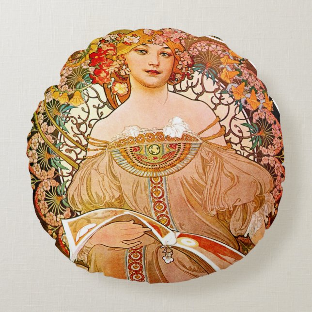 Alphonse Mucha Dreaming (Reverie) Round Pillow (Front)