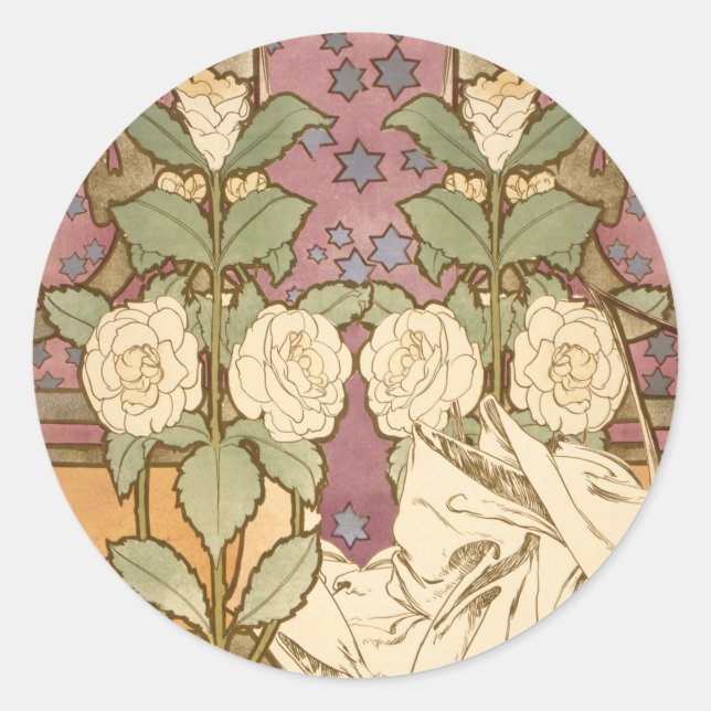 Alphonse Mucha Elegant Art Nouveau Stars Camellia  Classic Round Sticker (Front)