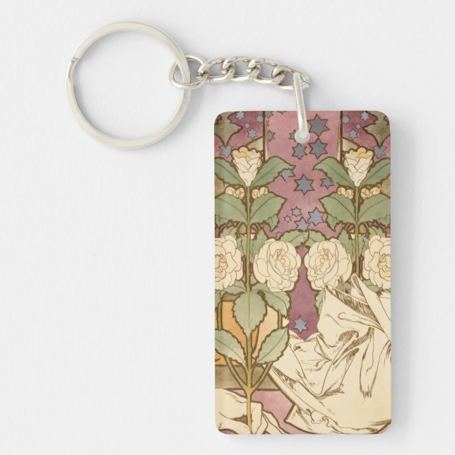 Alphonse Mucha Elegant Art Nouveau Stars Camellia  Keychain (Front)