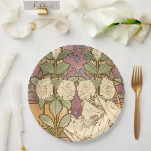 Alphonse Mucha Elegant Art Nouveau Stars Camellia Paper Plate