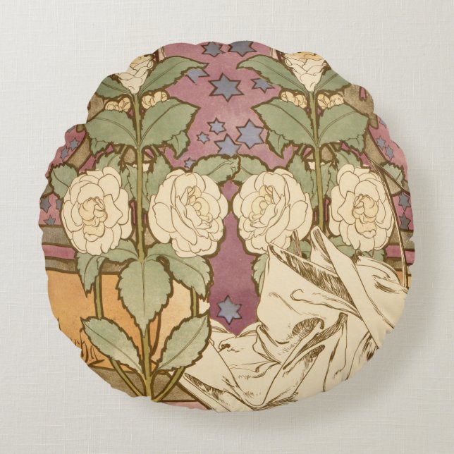 Alphonse Mucha Elegant Art Nouveau Stars Camellia  Round Pillow (Front)