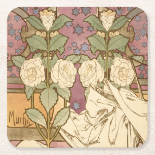 Alphonse Mucha Elegant Art Nouveau Stars Camellia Square Paper Coaster