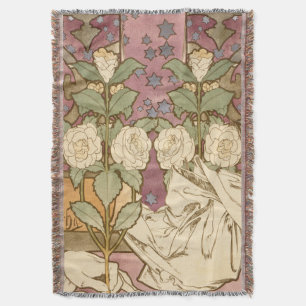 Alphonse Mucha Elegant Art Nouveau Stars Camellia  Throw Blanket