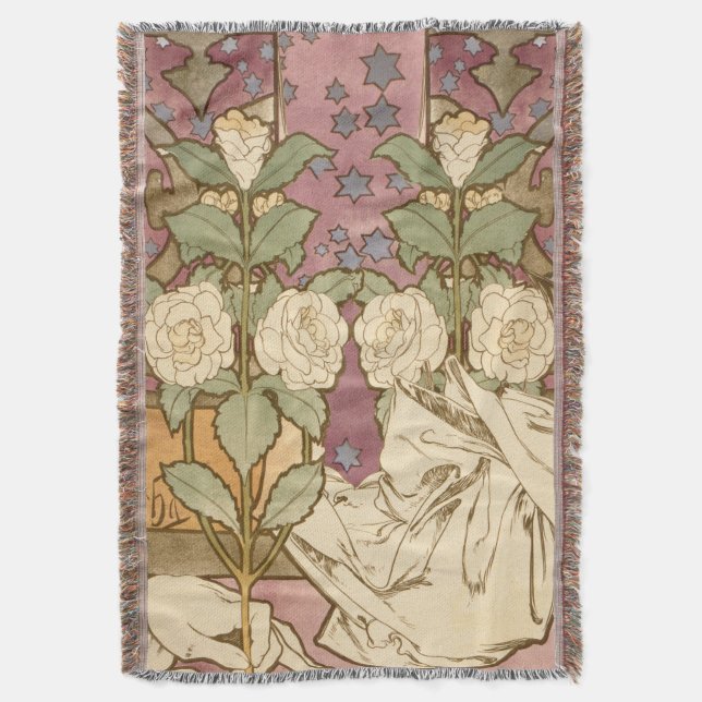 Alphonse Mucha Elegant Art Nouveau Stars Camellia  Throw Blanket (Front Vertical)