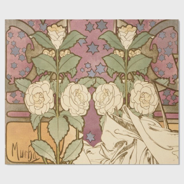 Alphonse Mucha Elegant Art Nouveau Stars Camellia  Wrapping Paper (Flat)