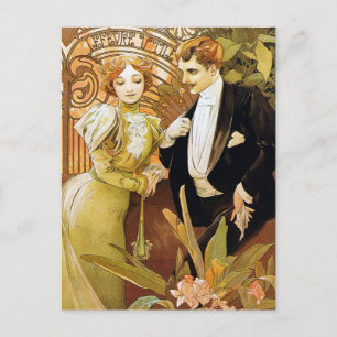 Alphonse Mucha Flirt Vintage Romantic Art Nouveau Postcard