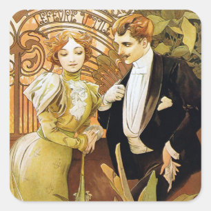 Alphonse Mucha Flirt Vintage Romantic Art Nouveau Square Sticker