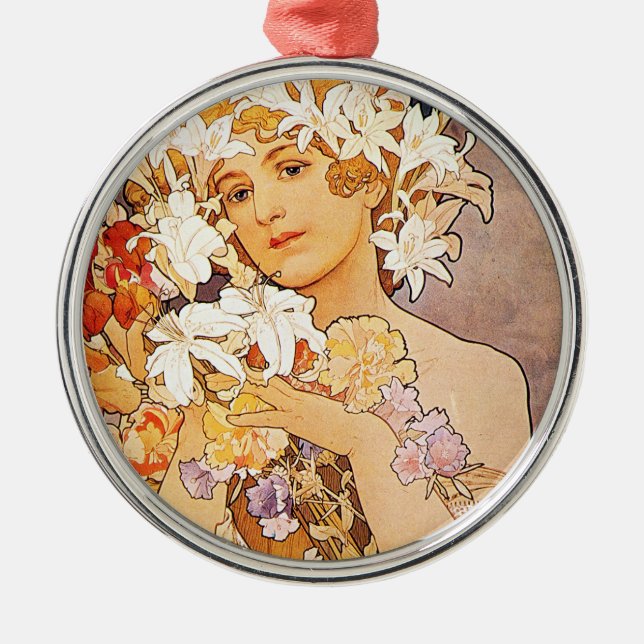 Alphonse Mucha Flower Metal Ornament (Front)
