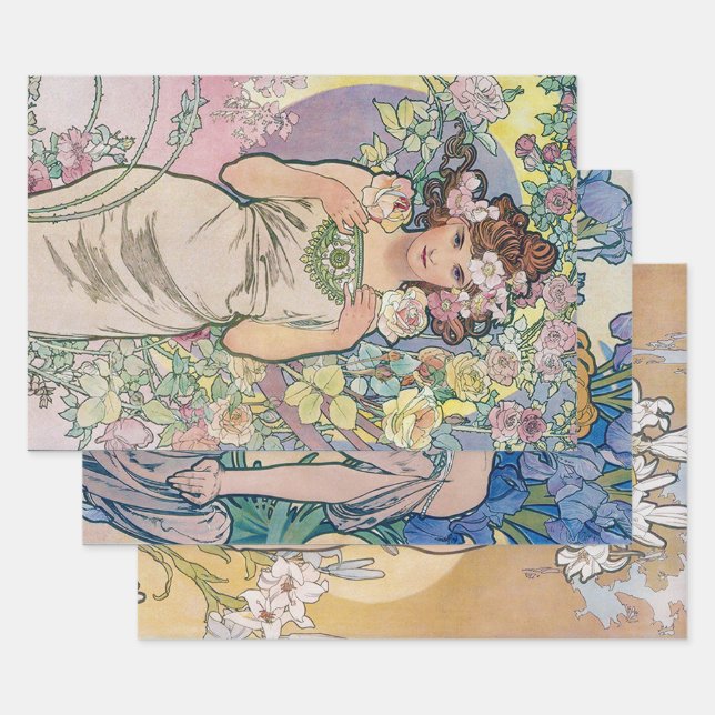 Alphonse Mucha, Flowers Wrapping Paper Sheet (Set)