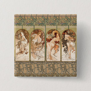 Alphonse Mucha Four Seasons 1897 Art Nouveau Panel 2 Inch Square Button