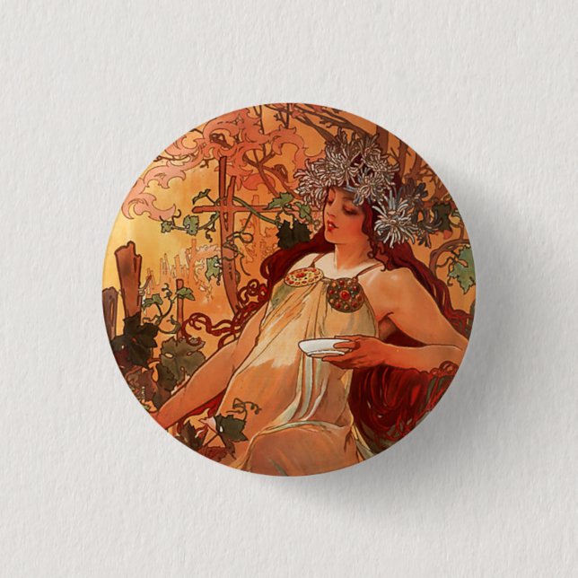 Alphonse Mucha, Four Seasons, Autumn 1 Inch Round Button (Front)