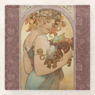 Alphonse Mucha Fruit Art Nouveau Vintage Maiden Glass Coaster