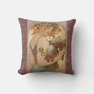 Alphonse Mucha Fruit Art Nouveau Vintage Maiden Throw Pillow