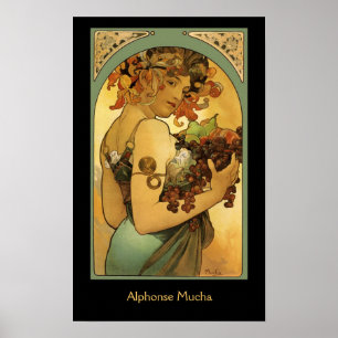 Alphonse Mucha Fruit Painting on black Poster