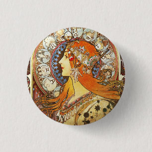 Alphonse Mucha La Plume Zodiac Art Nouveau Vintage 1 Inch Round Button