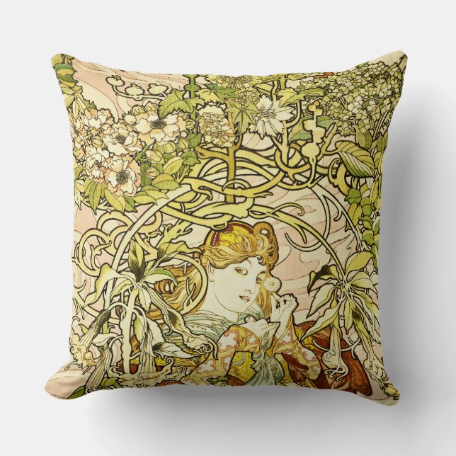 Alphonse Mucha - Lady With Daisy Throw Pillow (Front)