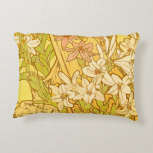 Alphonse Mucha Lily Flowers Pattern: Art Nouveau Accent Pillow