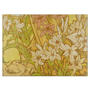 Alphonse Mucha Lily Flowers Pattern: Art Nouveau  Cutting Board
