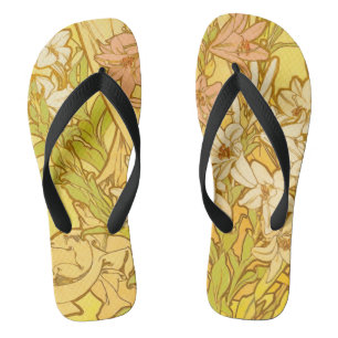 Alphonse Mucha Lily Flowers Pattern: Art Nouveau Flip Flops
