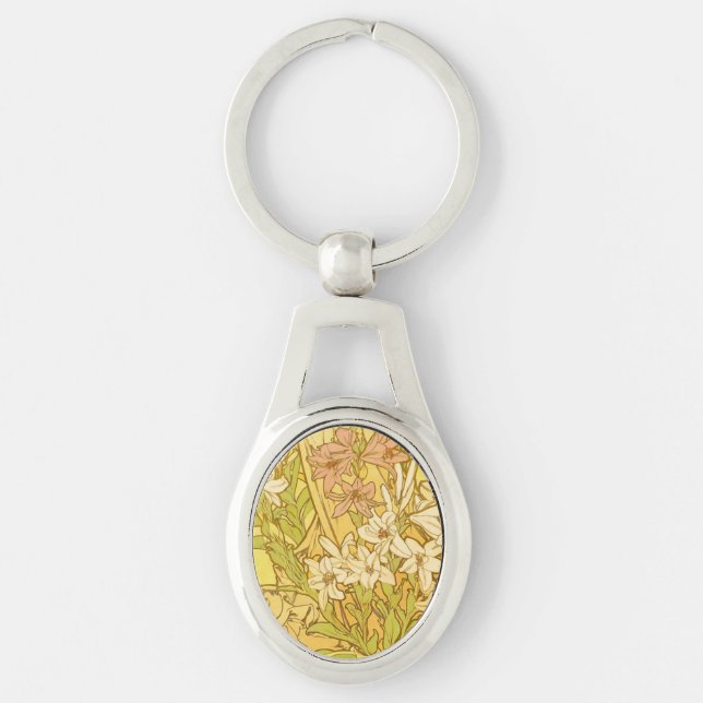 Alphonse Mucha Lily Flowers Pattern: Art Nouveau  Keychain (Front)