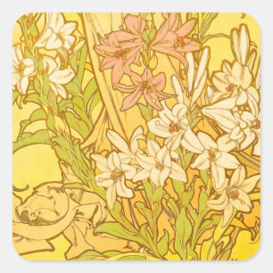Alphonse Mucha Lily Flowers Pattern: Art Nouveau Square Sticker