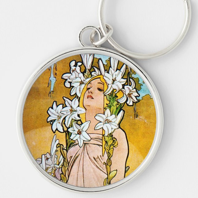 Alphonse Mucha - Lily - White Border Keychain (Front)