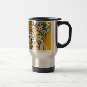Alphonse Mucha - Lily - White Border Travel Mug