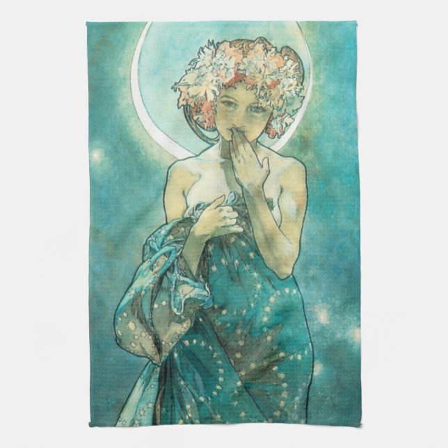 Alphonse Mucha Moonlight Clair De Lune Art Nouveau Kitchen Towel (Vertical)