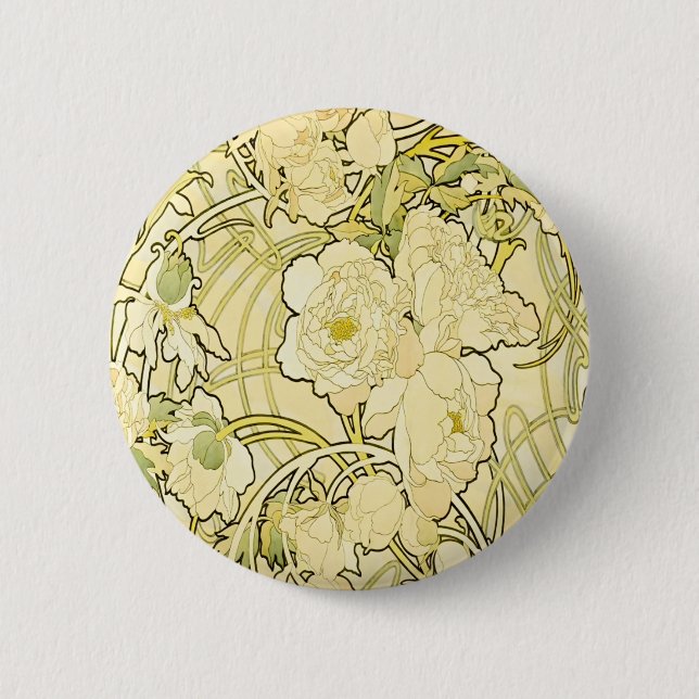 Alphonse Mucha Peonies Art Nouveau Floral Pattern 2 Inch Round Button (Front)