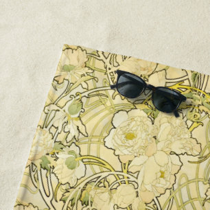 Alphonse Mucha Peonies Art Nouveau Floral Pattern Beach Towel
