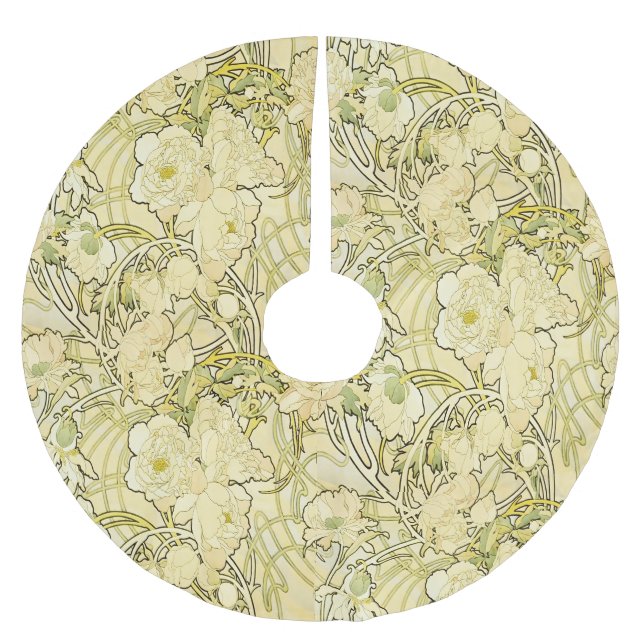 Alphonse Mucha Peonies Art Nouveau Floral Pattern Brushed Polyester Tree Skirt (Front)
