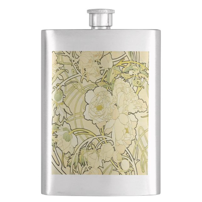 Alphonse Mucha Peonies Art Nouveau Floral Pattern Hip Flask (Front)