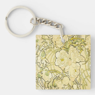 Alphonse Mucha Peonies Art Nouveau Floral Pattern Keychain