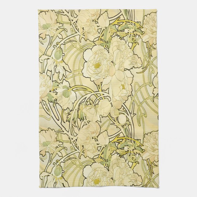 Alphonse Mucha Peonies Art Nouveau Floral Pattern Kitchen Towel (Vertical)