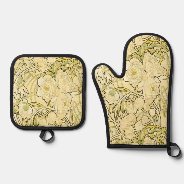 Alphonse Mucha Peonies Art Nouveau Floral Pattern Oven Mitt & Pot Holder Set (Front)