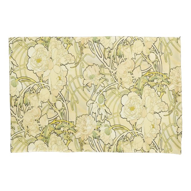 Alphonse Mucha Peonies Art Nouveau Floral Pattern Pillowcase (Front)