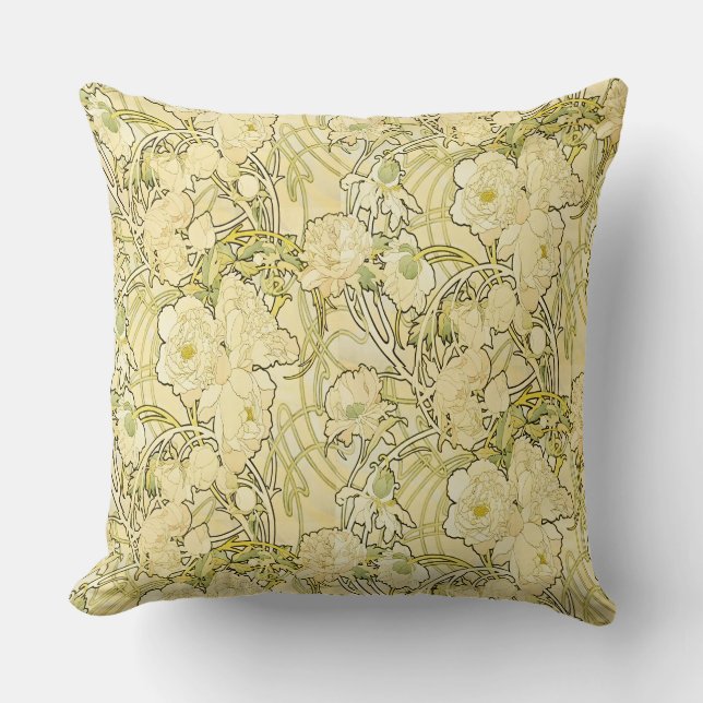 Alphonse Mucha Peonies Art Nouveau Floral Pattern Throw Pillow (Front)