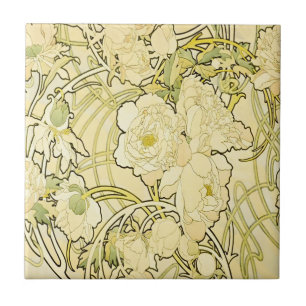Alphonse Mucha Peonies Art Nouveau Floral Pattern Tile