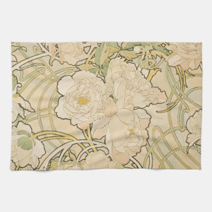 Alphonse Mucha Peonies Peony Roses Fawn 1897 Kitchen Towel