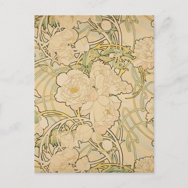 Alphonse Mucha Peonies Peony Roses Fawn 1897 Postcard (Front)