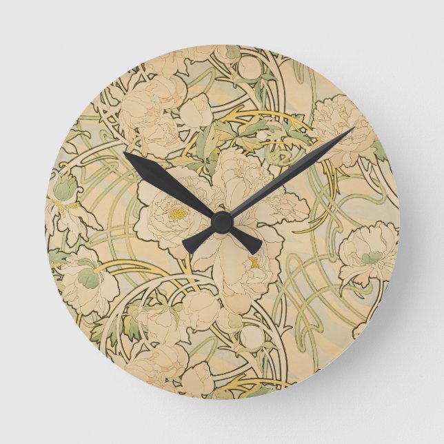 Alphonse Mucha Peonies Peony Roses Fawn 1897 Round Clock (Front)